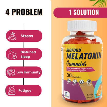 Bioford Melatonin Gummies | Non-Habit Forming | Improves Deep Sleep | Eases Jet Lag | Vegan, Gluten & Gelatin Free | Men & Women | Orange Flavour | 1 X 30 Pack