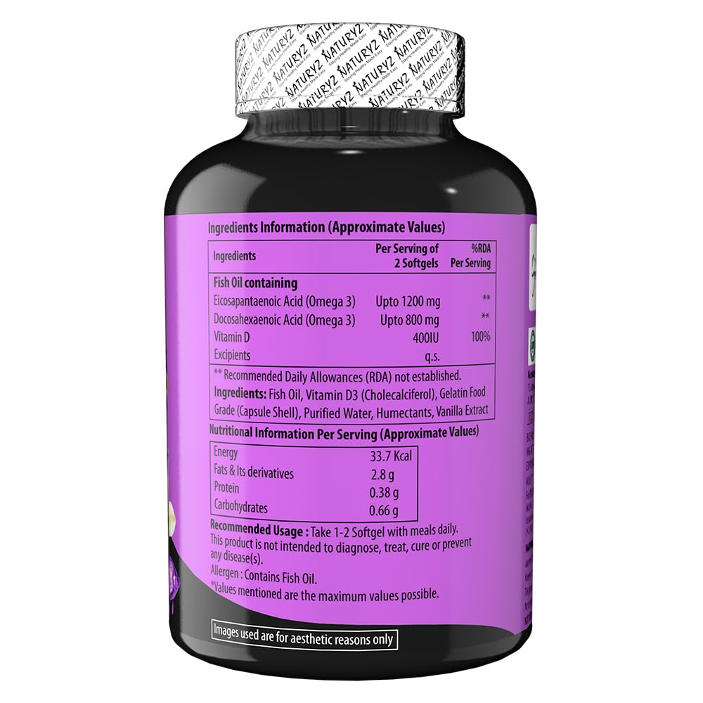 Naturyz Vanilla Flavoured Triple Strength 2500mg Fish Oil with Vitamin D3 | Highest Strength 2000 mg Omega 3 Per Serving (EPA 1200mg DHA 800mg) Deep Sea Fish Oil for Men & Women - 60 Capsules