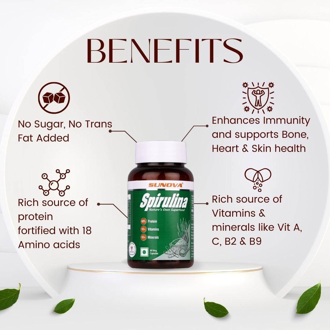 SUNOVA Organic Spirulina Capsules - Nature's Own Superfood and Nutritional Supplement, Spirulina for Full Body Support - 60 Capsules x Pack of 3