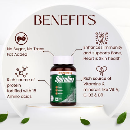 SUNOVA Organic Spirulina Capsules - Nature's Own Superfood and Nutritional Supplement, Spirulina for Full Body Support - 60 Capsules x Pack of 3