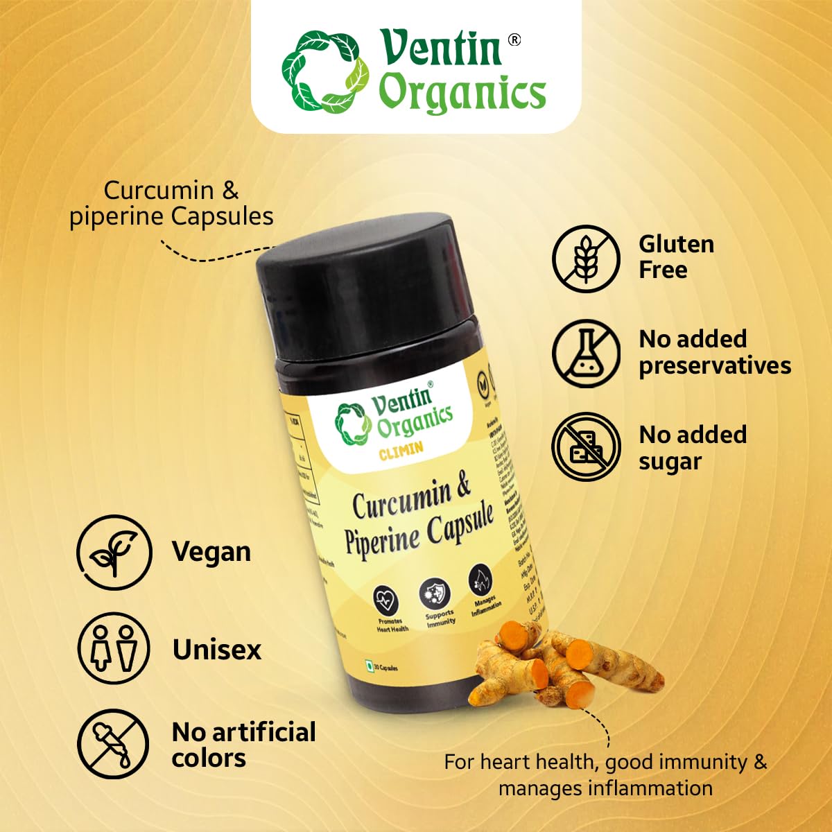 Ventin Organics Climin Curcumin with Piperine Capsules |30 N | Anti-Inflammatory, Antioxidant, Boosts Immunity, Supports Heart, Joint and Muscle Health | All Natural & Safe
