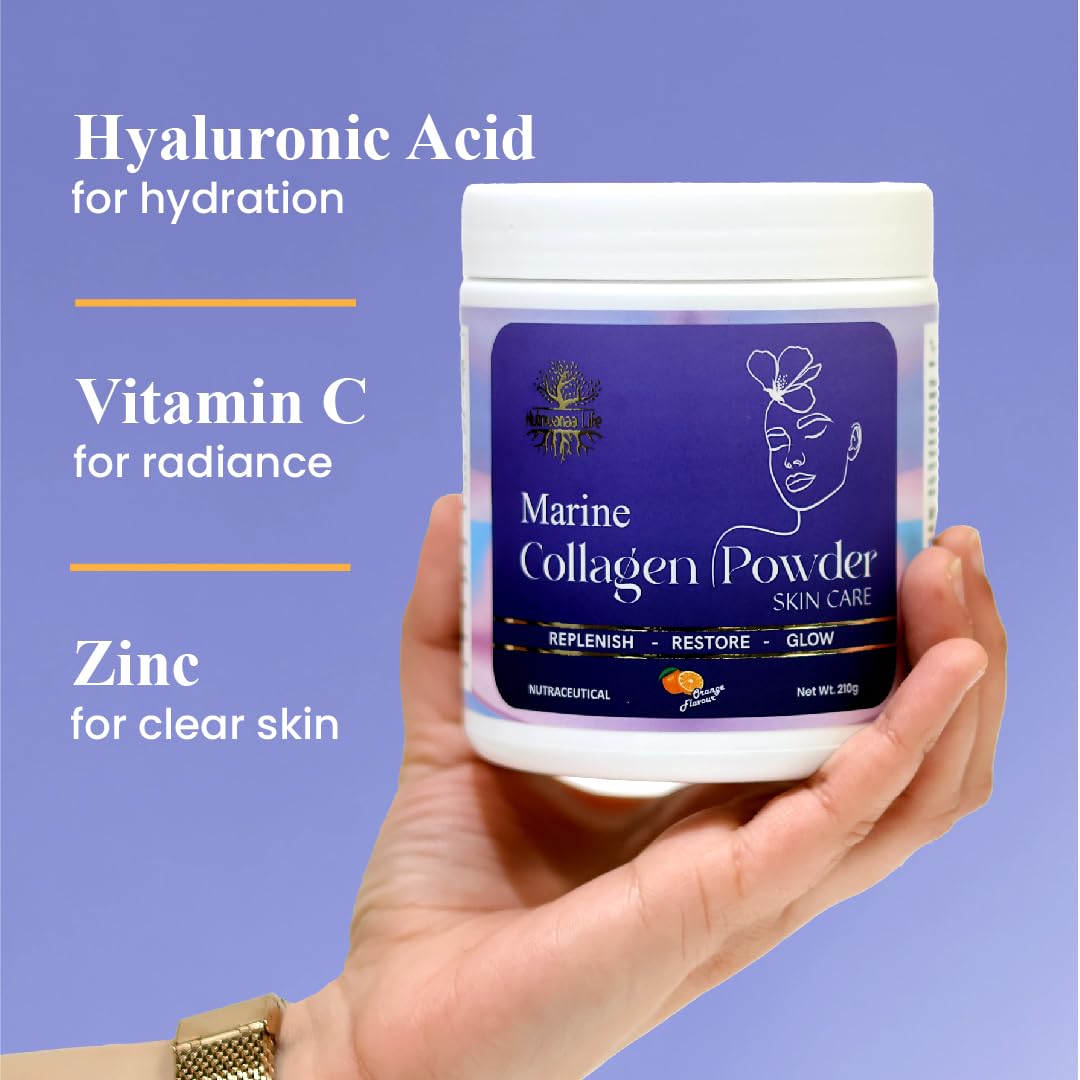 Nutrivana Marine Collagen Powder for Women & Men | Hydrolyzed Collagen Supplements with High Protein for Skin with Vitamin C & Biotin, Collagen Peptides | For Glowing, Youthful Skin | Orange Flavour (210g)