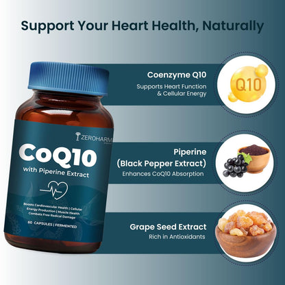 ZEROHARM CoQ10 250 mg with Piperine & Grape Seed Extract - High Absorption-Fermented Coenzyme Q10 Supplement- Antioxidant Support For Men & Women - 60 Veg Capsules