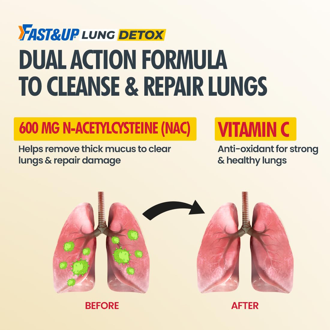 FAST&UP Detox Lung N-Acetylcysteine 600mg + Vitamin C - Lung Protective Supplement, 20 Tablets – Respiratory & Lung Health - Strawberry Flavour