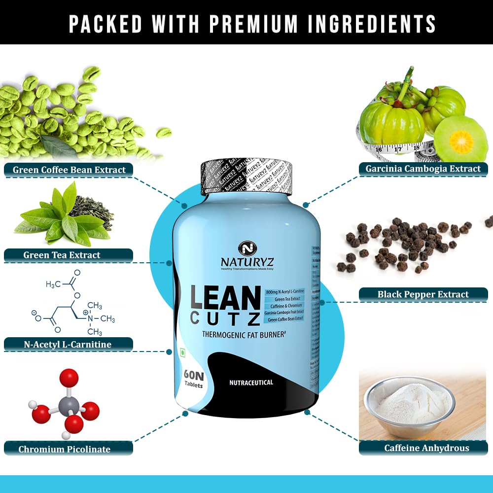 Naturyz LEAN CUTZ Thermogenic Fat Burner with Acetyl L Carnitine, Green tea Extract, Garcinia Cambogia, Green Coffee Bean Extract, Caffeine & Chromium Weight loss product for Men & Women- 60 Tablets
