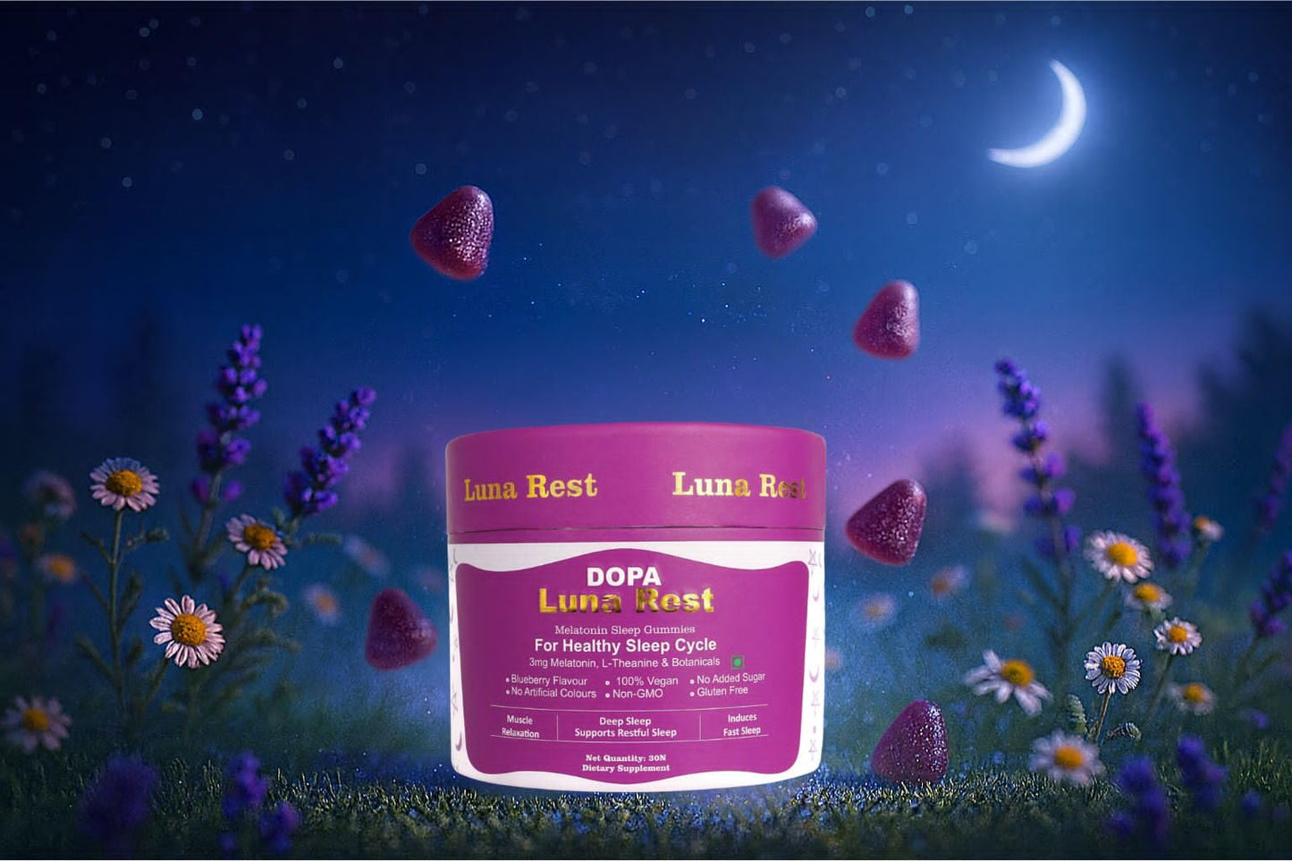 Dopa Luna Rest Melatonin Sleep Gummies | 30 Gummies | 3mg Melatonin with Magnesium glycinate, L-Theanine, Lemon Balm, Passionflower & Tart Cherry