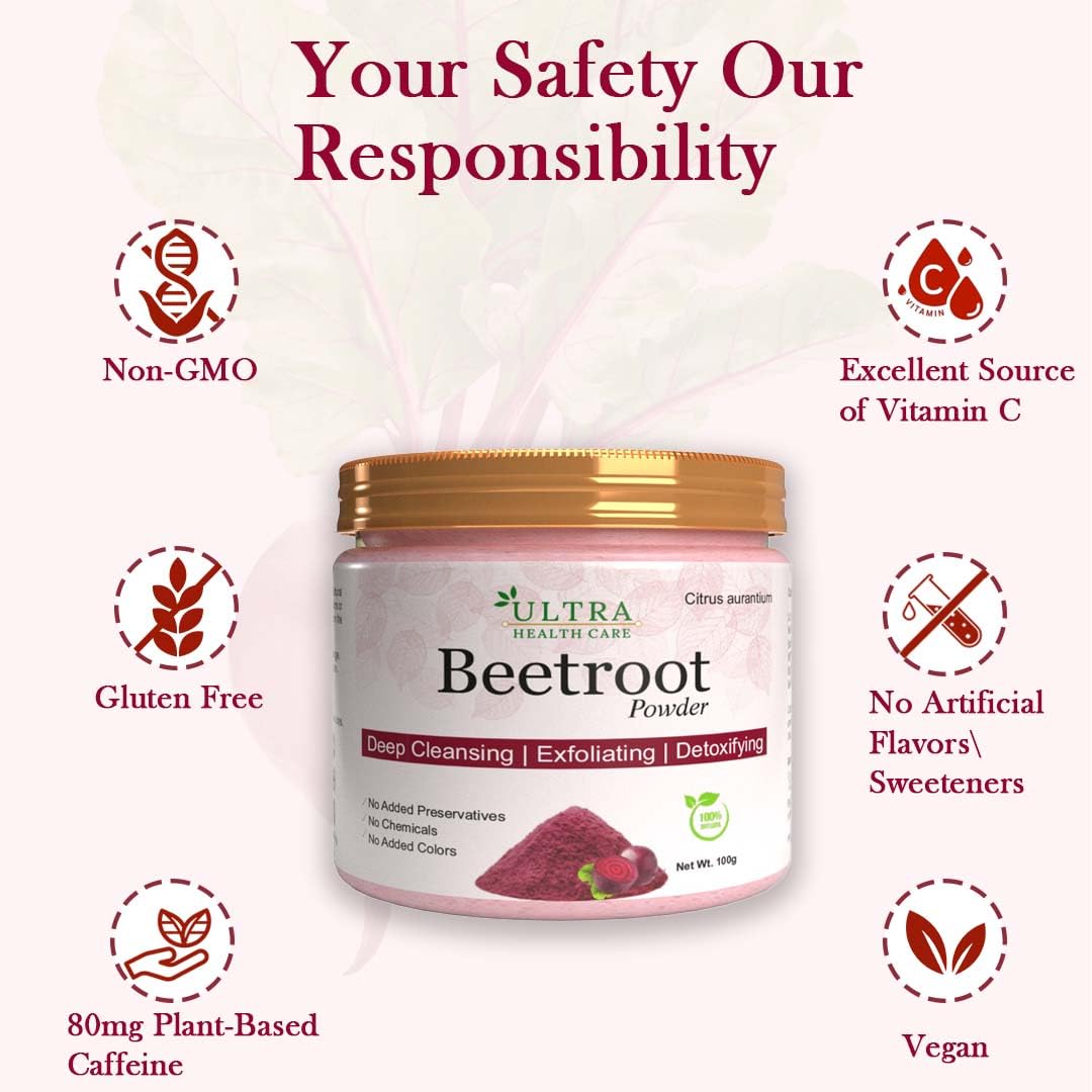Ultra Healthcare Beetroot Powder for Skin & Hair, 100 g | 100% Natural Powder | Hydrates & Nourishes Hair & Skin Supports Natural Energy & Stamina || For Men & Women