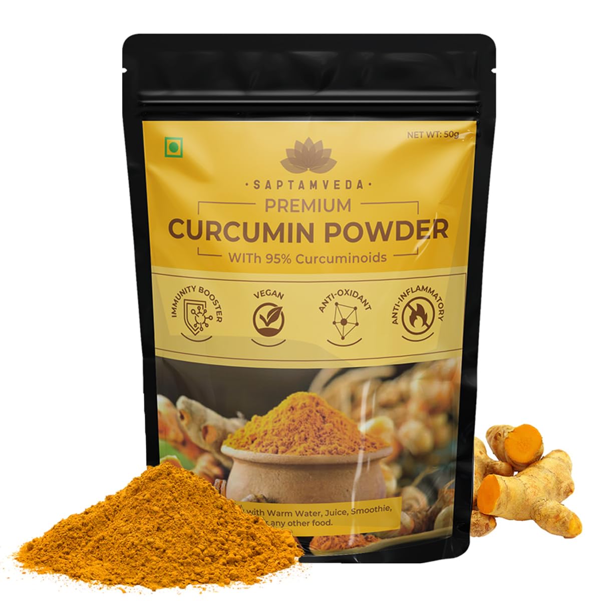 SAPTAMVEDA Premium Curcumin Powder 50 Grams, Pure Curcumin Extract Powder (Superior Turmeric Extract, 95% Curcuminoids) Immune & Joint Support - Natural and Pure Antioxidant Superfood, Immunity Booster, Ayurvedic Haldi Extract with Resealable Bag