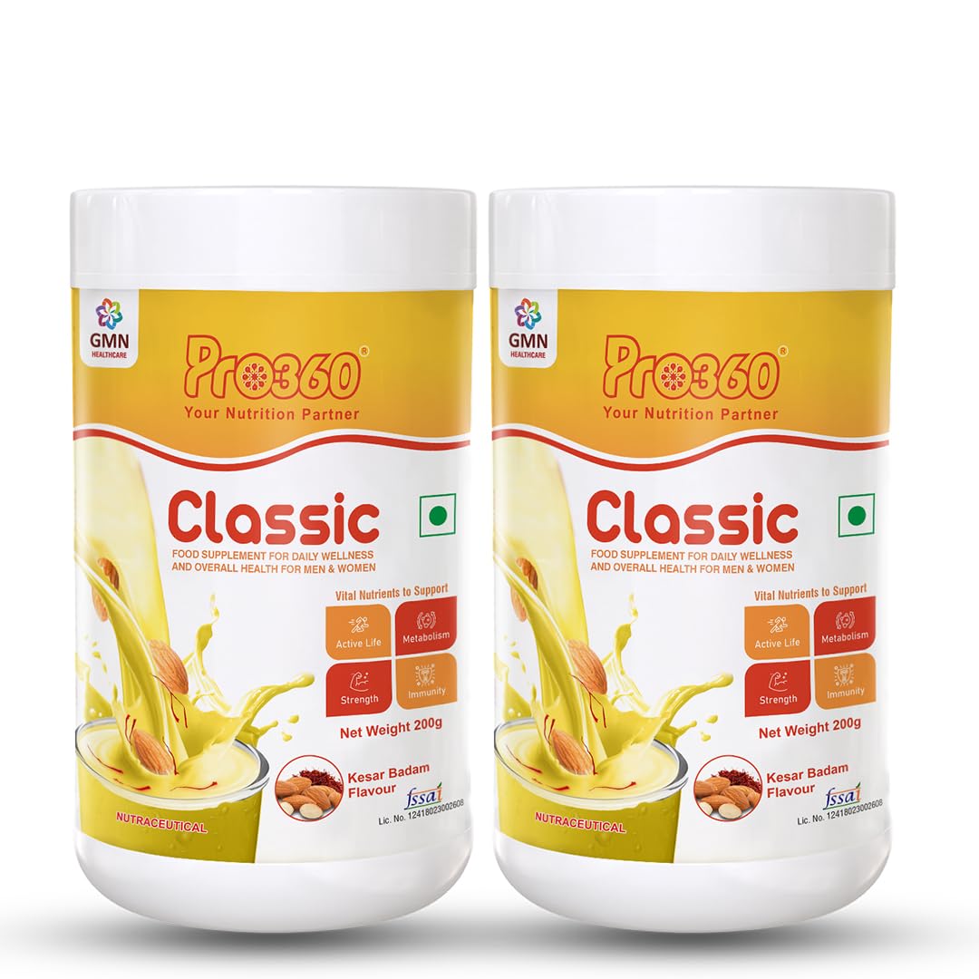 Pro360 Classic Daily Wellness Nutritional Protein Supplement Powder for Men and Women - Instant Beverage Mix - 200+200g (Kesar Badam) Pack of 2