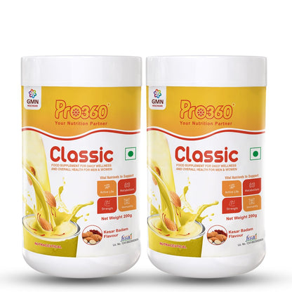 Pro360 Classic Daily Wellness Nutritional Protein Supplement Powder for Men and Women - Instant Beverage Mix - 200+200g (Kesar Badam) Pack of 2