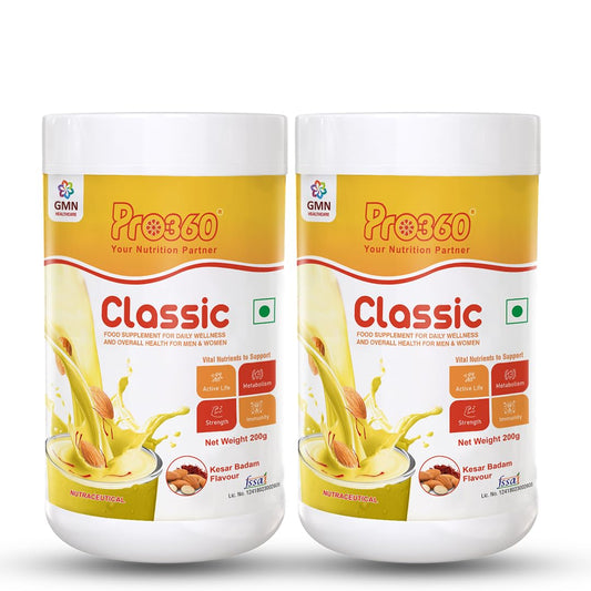 Pro360 Classic Daily Wellness Nutritional Protein Supplement Powder for Men and Women - Instant Beverage Mix - 200+200g (Kesar Badam) Pack of 2