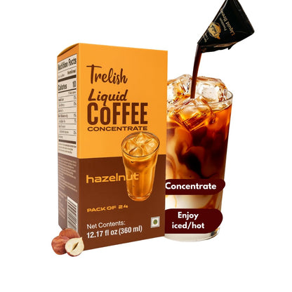 Trelish Coffee Concentrate - Hazelnut | Single Servings | Coffee decoction |Perfect for Hot or Iced Instant Coffees, Sugar Free, Shelf Stable, No Refrigeration, Travel Friendly | 24 servings - 360ml