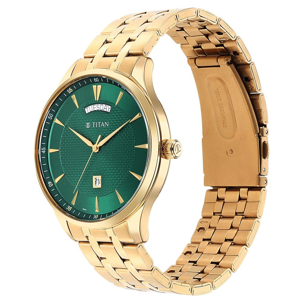 Titan Opulent LII Quartz Analog with Day & Date Green Dial Gold Stainless Steel Strap Watch for Men - NT90127YM03