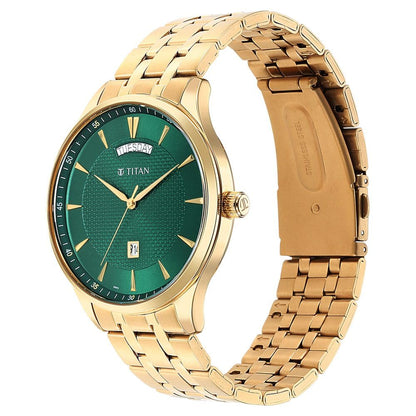 Titan Opulent LII Quartz Analog with Day & Date Green Dial Gold Stainless Steel Strap Watch for Men - NT90127YM03