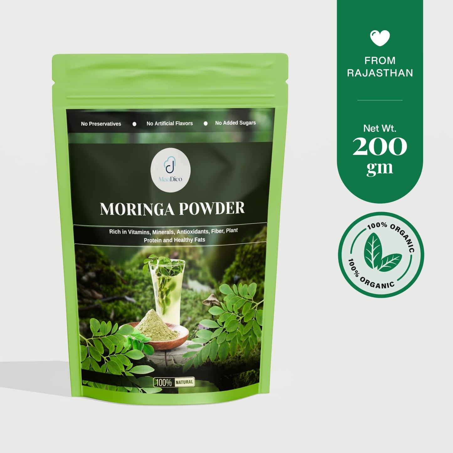 Maadico Organic Moringa Powder, 200 Gms | Rich In Vitamins, Minerals, Antioxidants, Fibre, Plant Protein & Healthy Fats | Nutrient-Rich Superfood for Energy, Immunity & Daily Wellness |