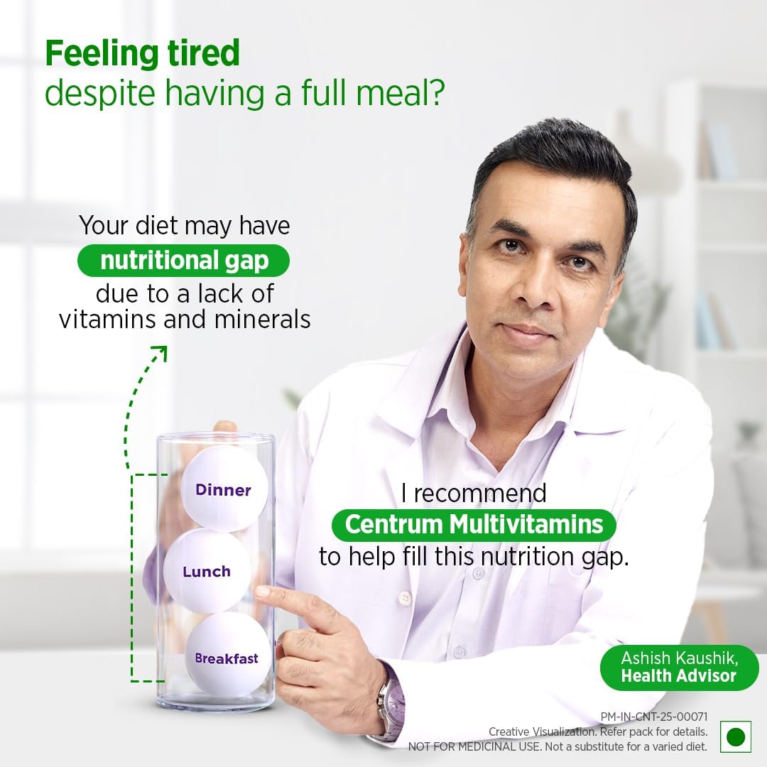 Centrum Adult 50+, World's No.1 Multivitamin with Calcium, Vitamin D3 & 21 other Nutrients for Overall Health, Strong Joints & Heart Health (Veg) 30 Tablets