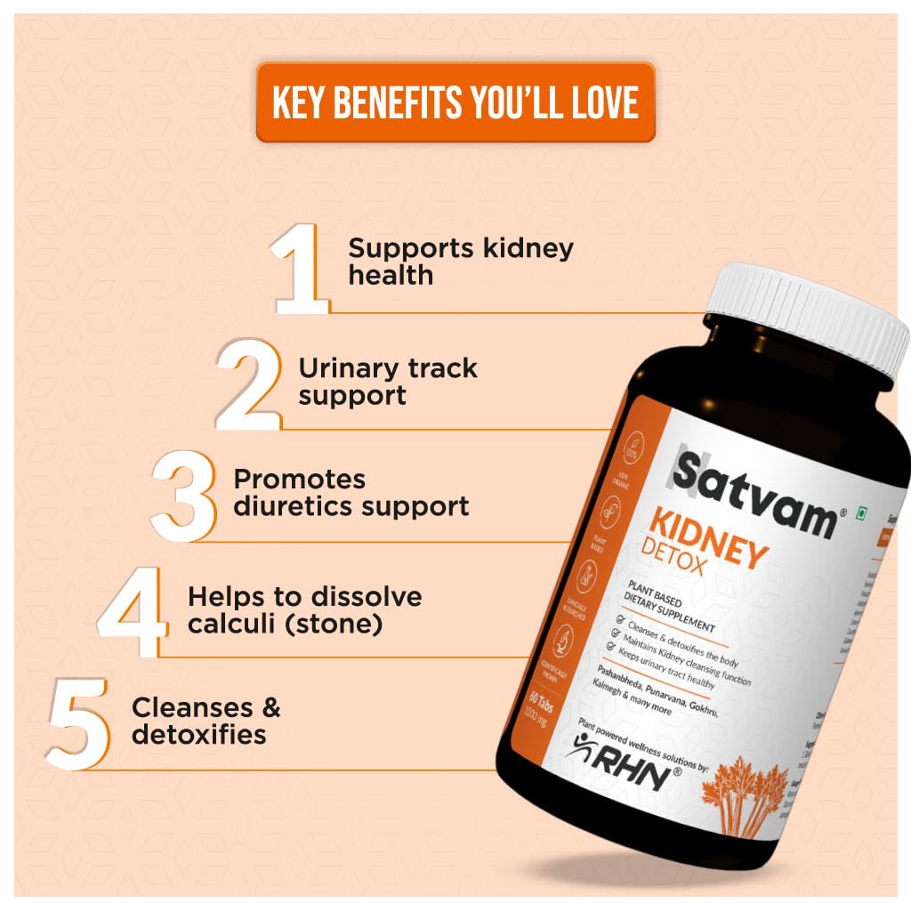 SATVAM Kidney Detox (60 Tablets) | Natural Herbal Supplement for Kidney Cleanse, Urinary Tract Support & Renal Health for Daily Wellness