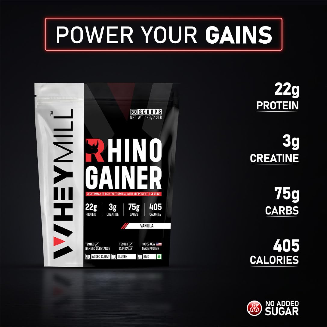 WHEYMILL Rhino Mass/Weight Gainer with Creatine Monohydrate | 1 Kg/2.2 Lb |30 Scoops, 380 Kcal, 22G Protein, 3G Creatine | Advance Gaining Formula | Vanilla,Powder