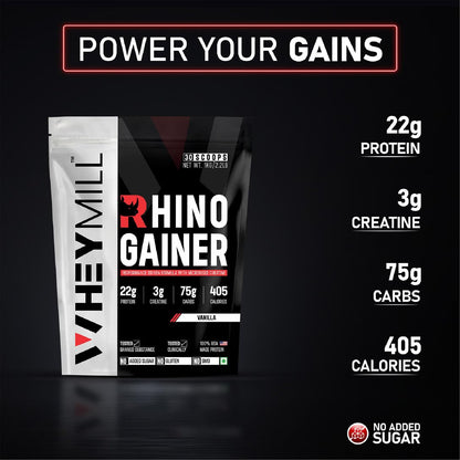 WHEYMILL Rhino Mass/Weight Gainer with Creatine Monohydrate | 1 Kg/2.2 Lb |30 Scoops, 380 Kcal, 22G Protein, 3G Creatine | Advance Gaining Formula | Vanilla,Powder