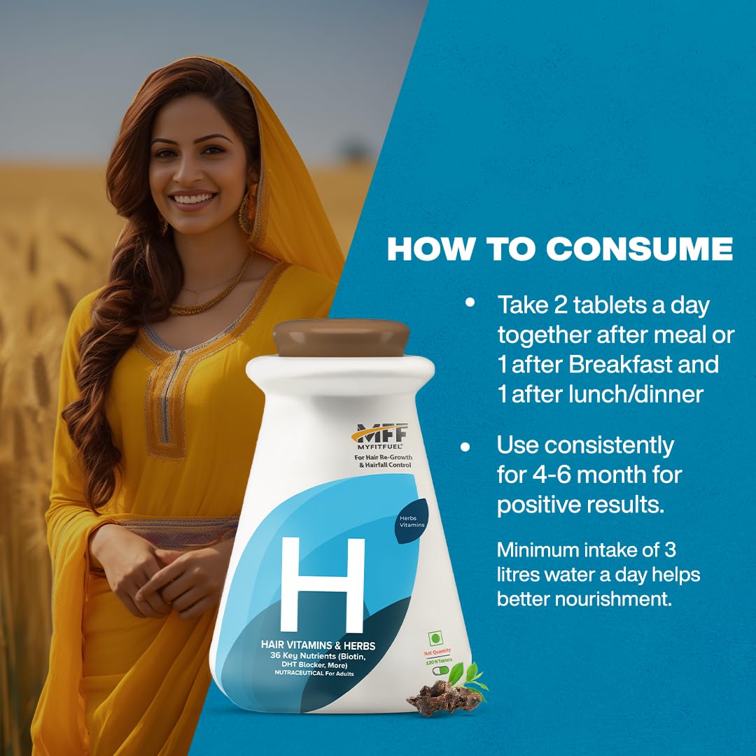 MyFiFuel Hair Vitamins with DHT blocker (120 tablets) (36 Vitamins, Mineral & Herbs) For Hair Re-Growth & Hairfall Control
