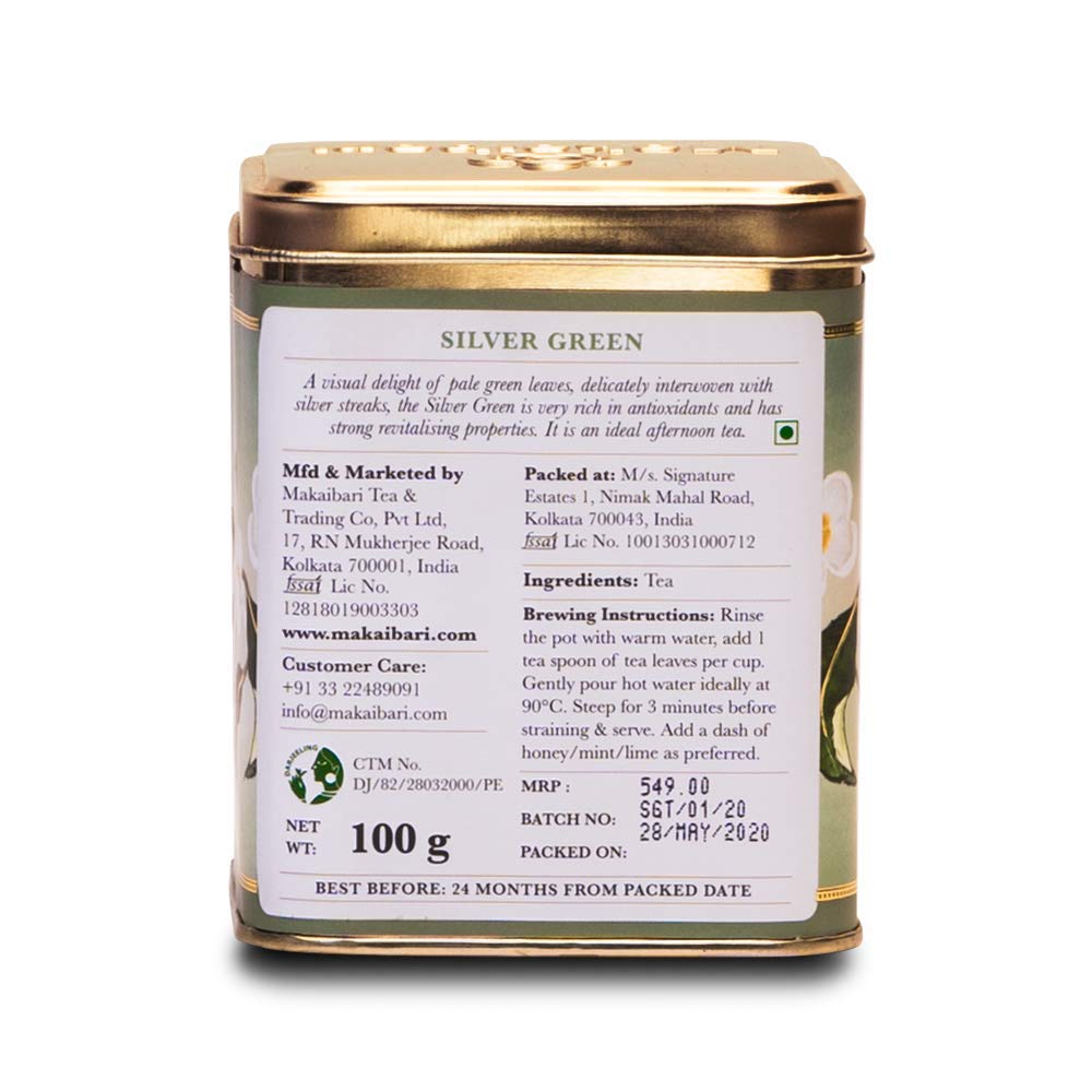Makaibari Tea Treasures Silver Green Darjeeling Loose Long Leaf Green Tea | USDA Certified Premium Tea | Anti-Oxidants, Immunity Booster | Tin Caddy | 100g