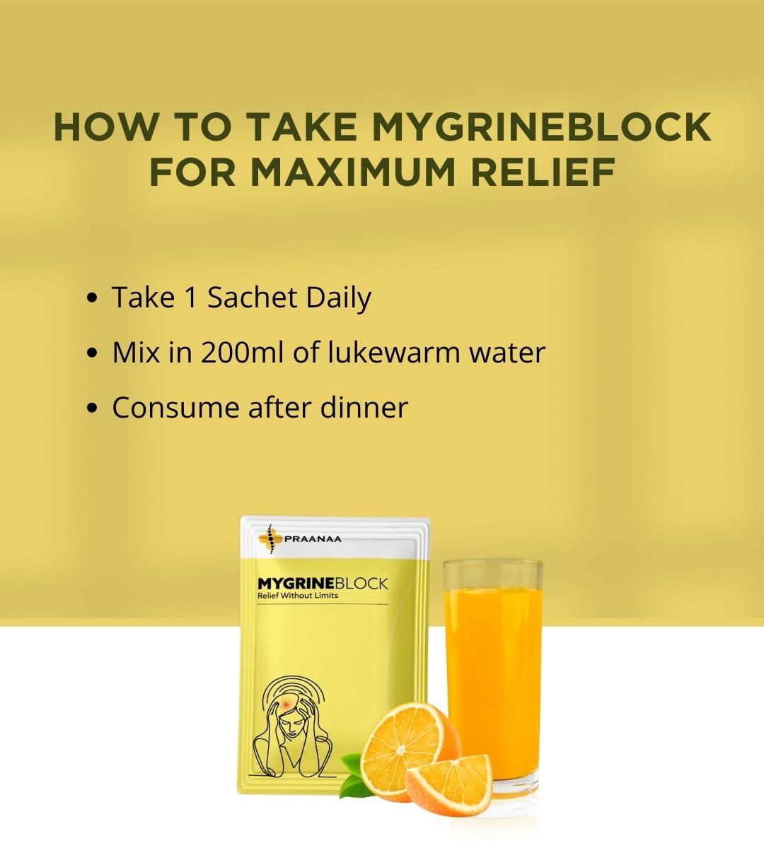 Praanaa Health Care MygrineBlock | Doctor-Formulated Supplement with Scientific Evidence | Migraine Relief Brain Health and Relaxation Support with 6 Key Ingredients (30 Servings,Pack of 1)