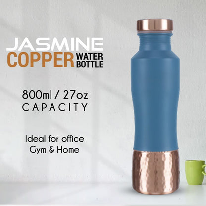 KOSVED Pure Copper Jasmine Dual Colour Tone Water Bottle: 100% Copper, Leak-proof, For Everyday Use, (800ml / 27oz)- Blue