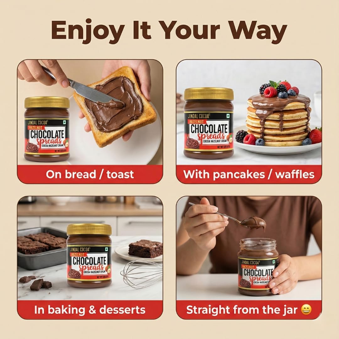 Jindal Cocoa Hazelnut Spread - 320g | Chocolate Spread for Kids | No Palm Oil | 15% Hazelnuts | Chocolate Spread without Palm Oil | No Artificial Preservatives & Trans-Fat | Healthy Chocolate Spread