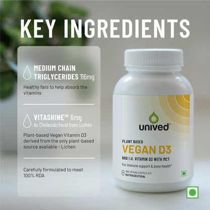 Unived Plant-Based Vegan Vitamin D3 from Lichen with Medium Chain Triglycerides (Capsule, 180 Servings)