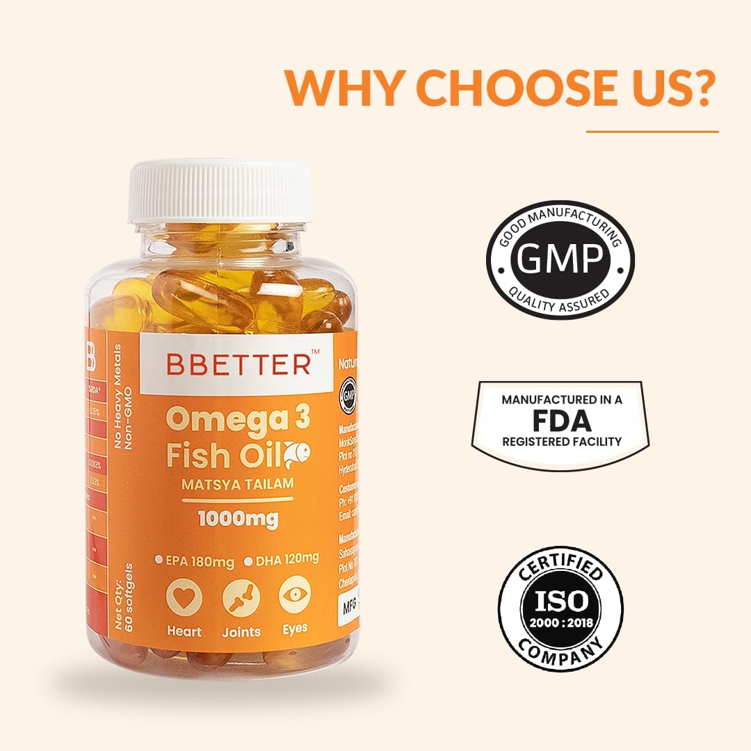 BBETTER Omega 3 Fish Oil Capsules For Heart, Joints & Brain Health, Fish Oil Omega 3 capsule 1000mg for Women & Men 180 mg EPA 120 mg DHA - 60 Softgels