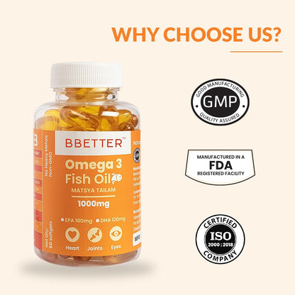 BBETTER Omega 3 Fish Oil Capsules For Heart, Joints & Brain Health, Fish Oil Omega 3 capsule 1000mg for Women & Men 180 mg EPA 120 mg DHA - 60 Softgels