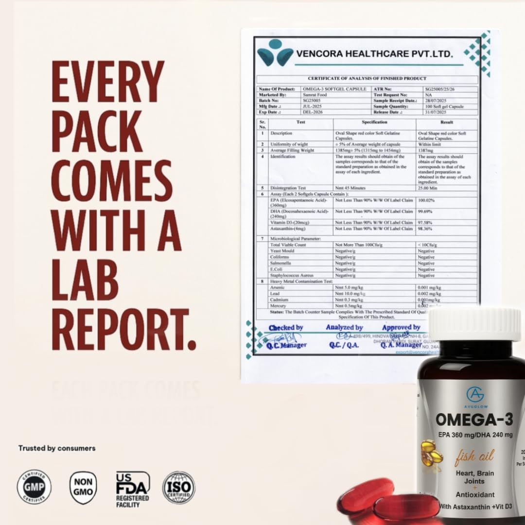 AyuGlow Omega 3 Fish Oil 2000mg | 3X Triple Strength Softgels with EPA & DHA + Astaxanthin & Vitamin D3 | Heart, Brain, Eye & Joint Health | Burpless | 60 Softgel