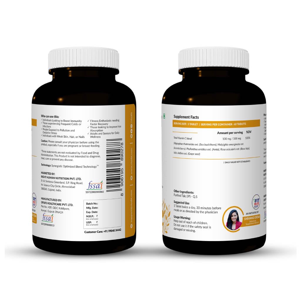 SATVAM Natural Vitamin C Tablets – 100% Organic, Plant Based, Antioxidant, Supports Immunity & Skin Health – 60 Tablets x 500mg, With Rose Hip, Sea Buckthorn, Acerola Berry, Amla – FSSAI Licensed