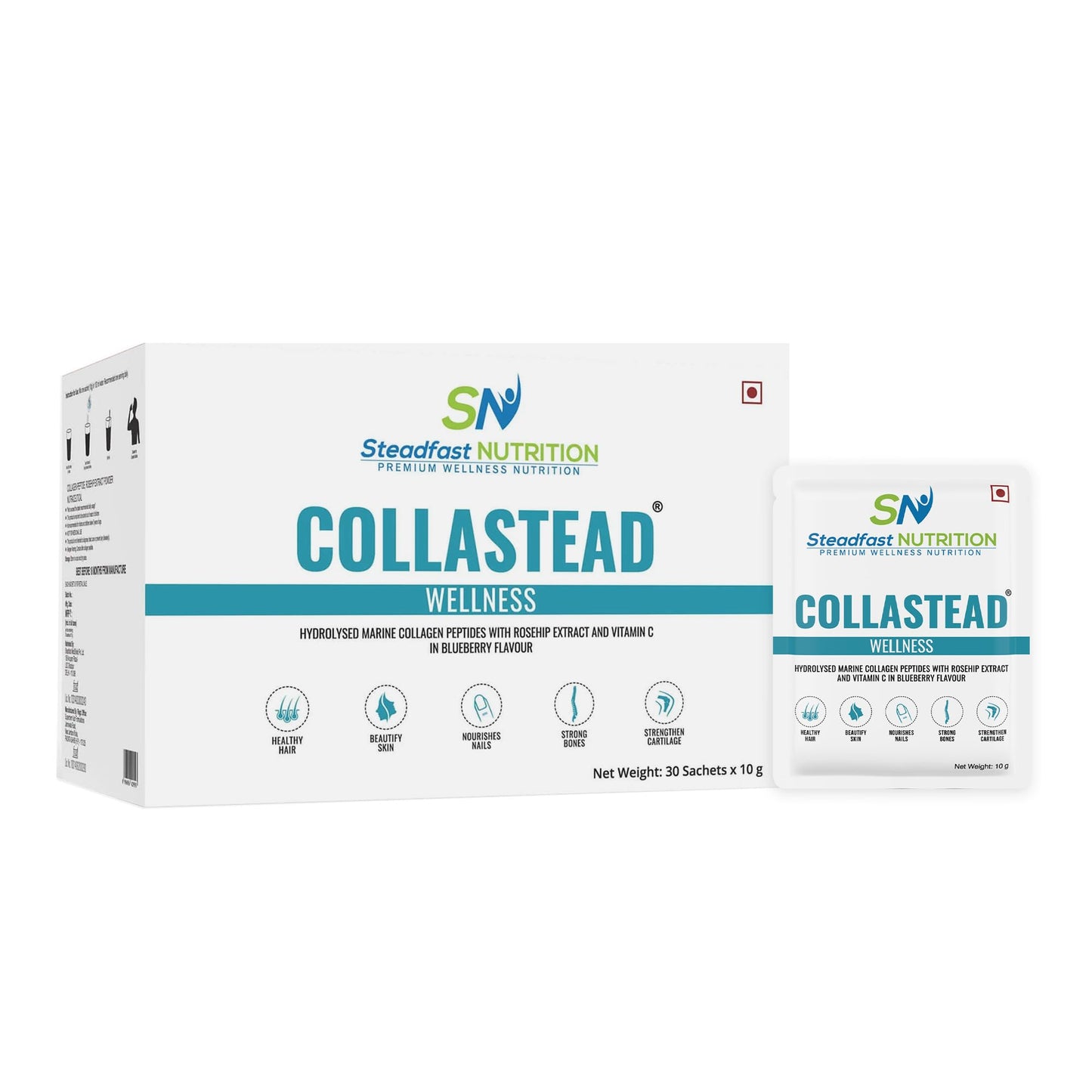 Steadfast Nutrition Collastead Collagen Powder|Natural Marine Collagen Boost Skin, Hair, Bones, Nail Health with Pure Collagen Peptides | Blueberry Flavour, 300g | 30 Sachets