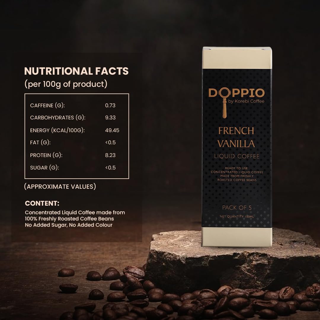 Korebi Coffee Doppio French Vanilla - Artisan Instant Liquid Coffee Concentrate | Premium 100% Arabica | Hot or Cold, With or Without Milk | 30 Ready-to-Use Instant Coffee Sachets (20 ML Each) | Smooth Vanilla Flavour | 6 Boxes (30 x 20 ML Sachets) (600 M