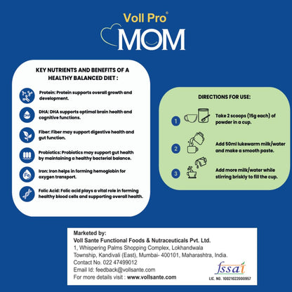 Voll Pro MOM Plant Protein Powder 200g | Classic Vanilla Flavour | Plant-Based Protein With Dietary Fiber, DHA ,Vitamins & Minerals | No Added Sugar | Lactose Free |Cholesterol & Trans Fat Free | Easy To Digest
