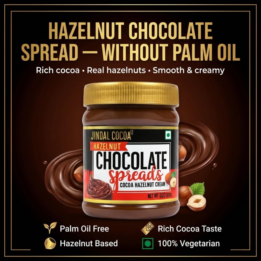 Jindal Cocoa Hazelnut Spread - 320g | Chocolate Spread for Kids | No Palm Oil | 15% Hazelnuts | Chocolate Spread without Palm Oil | No Artificial Preservatives & Trans-Fat | Healthy Chocolate Spread