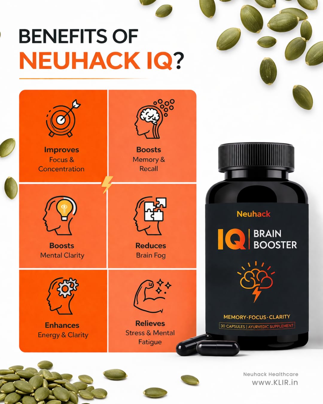 Neuhack IQ Brain Booster Memory Support Supplement with Brahmi, Ashwagandha, Shatavari & Jatamansi Ayurvedic - 30 Capsules