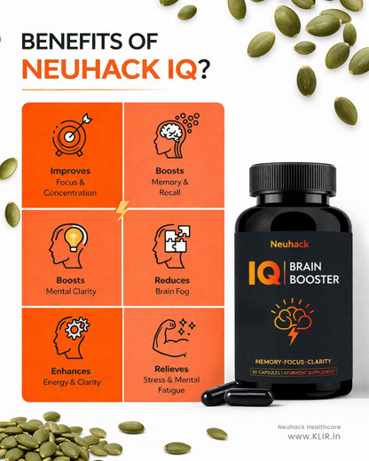Neuhack IQ Brain Booster Memory Support Supplement with Brahmi, Ashwagandha, Shatavari & Jatamansi Ayurvedic - 30 Capsules