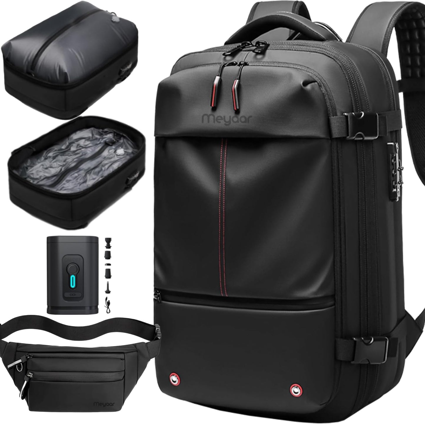Meyaar Vacuum Compression Travel Backpack for Airplane, 60L Expandable, Anti-Theft, 17.3 inch Laptop Backpack With TSA Lock, Business Backpack Carry-On Luggage (With Air Pump & Waist Bag)