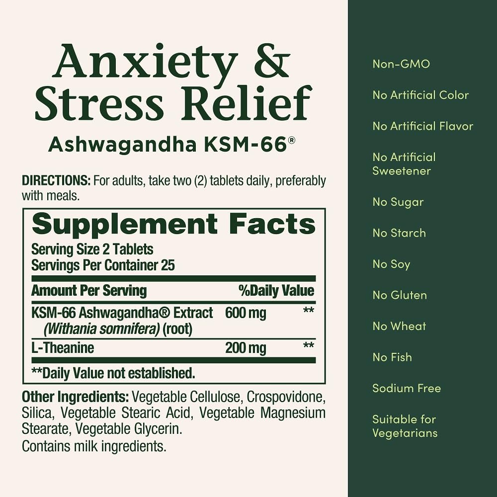 Nature's Bounty Anxiety and Stress Relief, Contains Ashwagandha and L-Theanine for Occasional Anxiety and Stress*, 50 Tablets