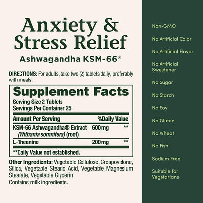 Nature's Bounty Anxiety and Stress Relief, Contains Ashwagandha and L-Theanine for Occasional Anxiety and Stress*, 50 Tablets