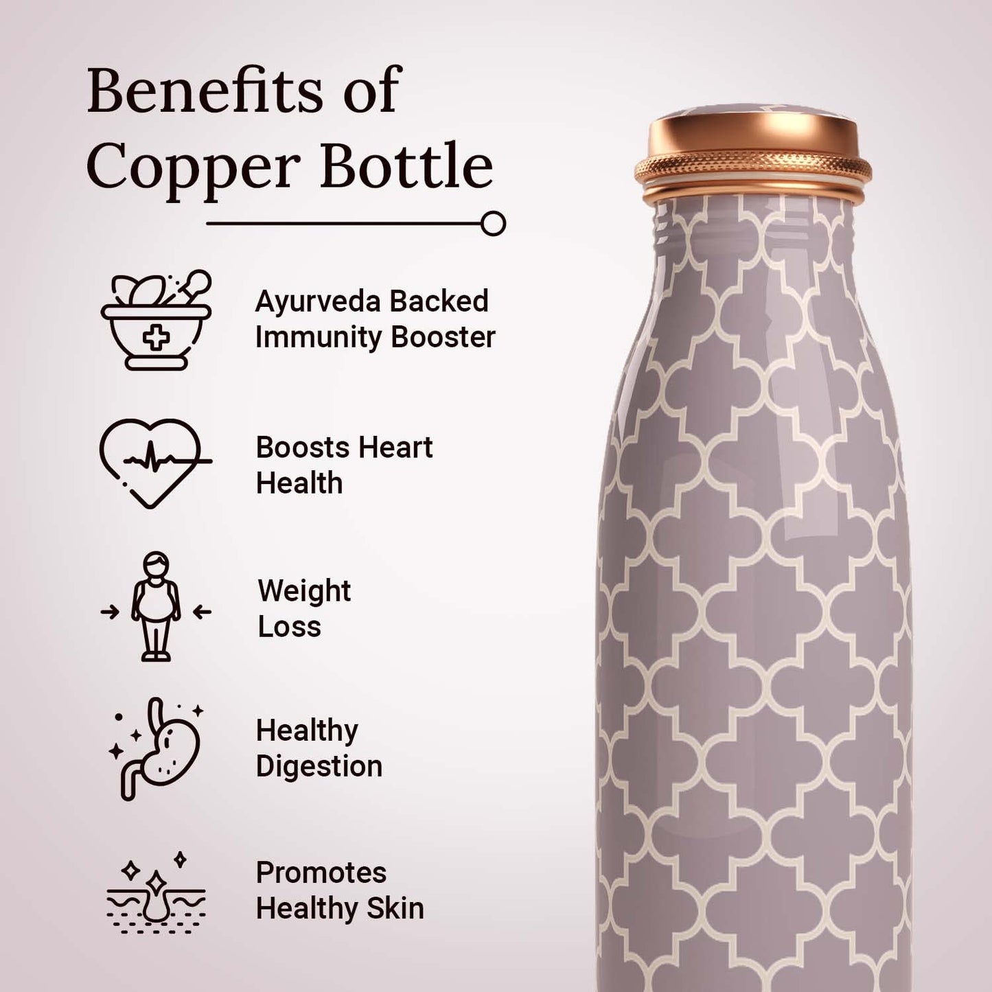 EB-Everything Beautiful Pure Copper Water Bottle 1 Litre Leakproof with Smooth Grey Printed Seamless Design made of Tamba Suiatable Birthday Gift for Men & Women by ebstore