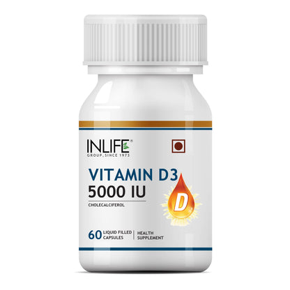 INLIFE Vitamin D3 Cholecalciferol Supplement with Coconut Oil for Better Absorption, For Men & Women, Immunity, Bone Health, Muscles - 60 Capsules (VD3-5k)