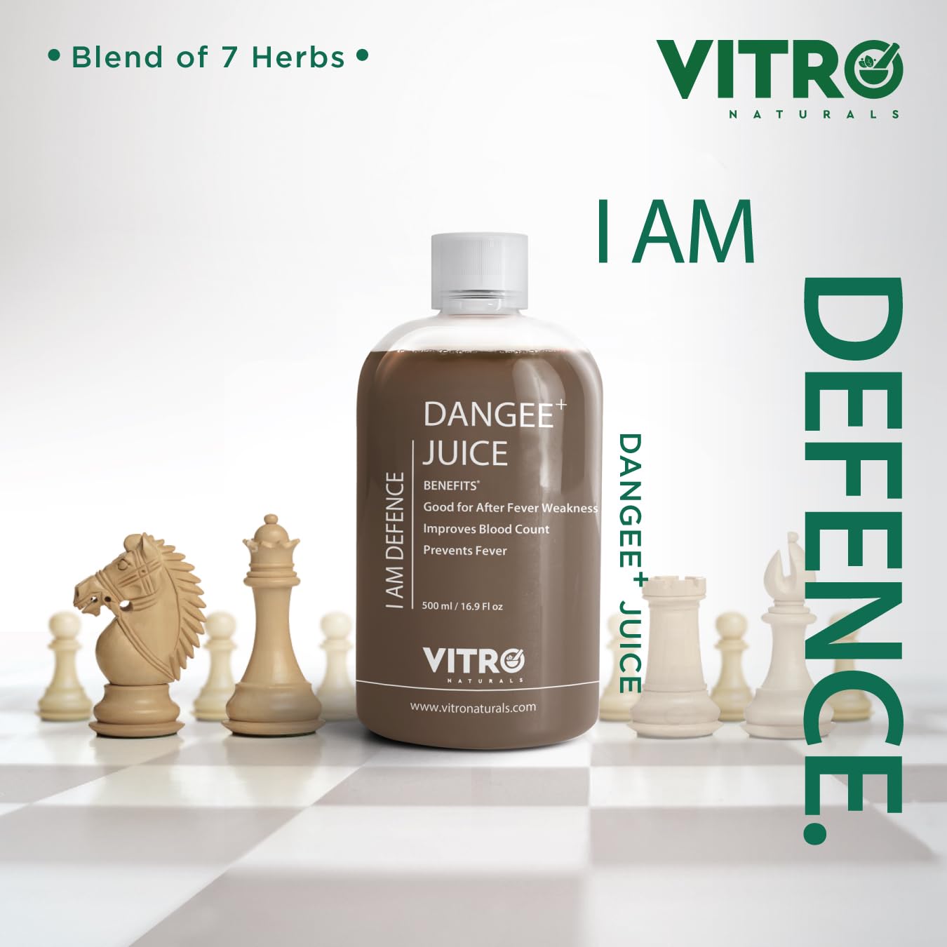 Vitro Dangee+ Juice 500ml | Papaya Leaf Juice with 7 Herbs Fresh Papaya Giloy, Neem, Tulsi & Mulethi | Supports Immunity & Healthy Boost Platelet Count |