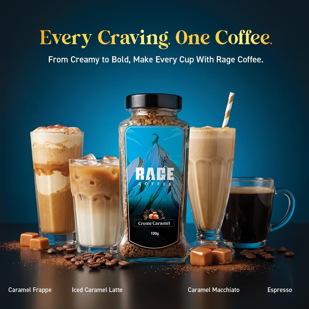 RAGE COFFEE Creme Caramel - Flavored Instant Coffee Powder for both Hot & Cold Coffee, 100% Single Origin Arabica Coffee Beans Powder, Premium Coffee Infused with Plant Vitamins (CREME CARAMEL, 100g)