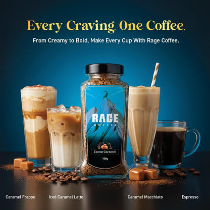 RAGE COFFEE Creme Caramel - Flavored Instant Coffee Powder for both Hot & Cold Coffee, 100% Single Origin Arabica Coffee Beans Powder, Premium Coffee Infused with Plant Vitamins (CREME CARAMEL, 100g)