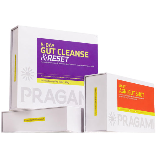 PRAGAMI Gut Cleanse & Daily Detox Combo | 5-Day Gut Reset Kit (55-75 Kg) + Agni Gut Shots 15×10Ml | Ayurvedic Gut Cleanse for Bloating, Constipation & Acidity Relief | A2 Bilona Ghee + Herbal Actives | Supports Gut Health, Microbiome & Immunity | Lab Test