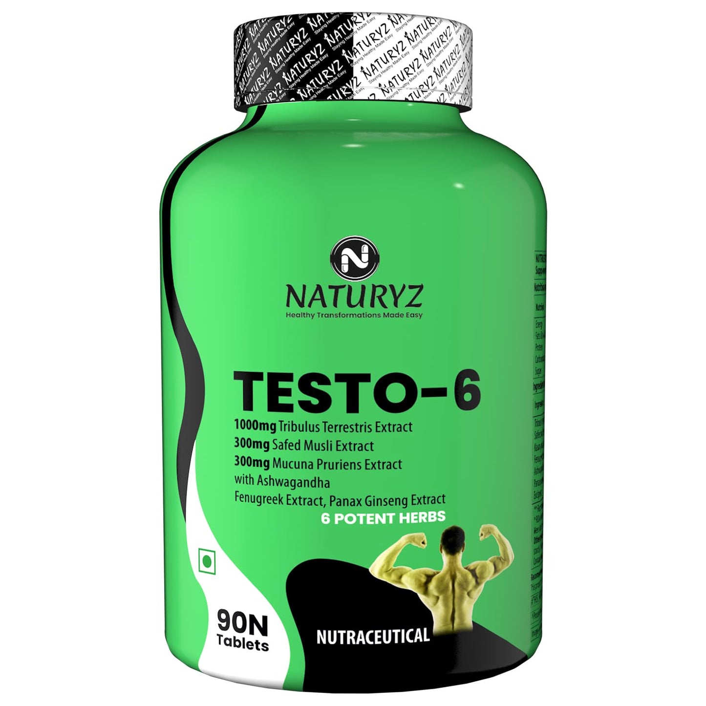 Naturyz Testo-6 Plant based Supplement For Men 2100mg per serving with Maximum Strength 1000mg Tribulus Terrestris, Safed Musli,Kaunj,Ashwagandha, Fenugreek & Panax Ginseng for Muscle gain-90 Tablets
