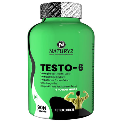 Naturyz Testo-6 Plant based Supplement For Men 2100mg per serving with Maximum Strength 1000mg Tribulus Terrestris, Safed Musli,Kaunj,Ashwagandha, Fenugreek & Panax Ginseng for Muscle gain-90 Tablets